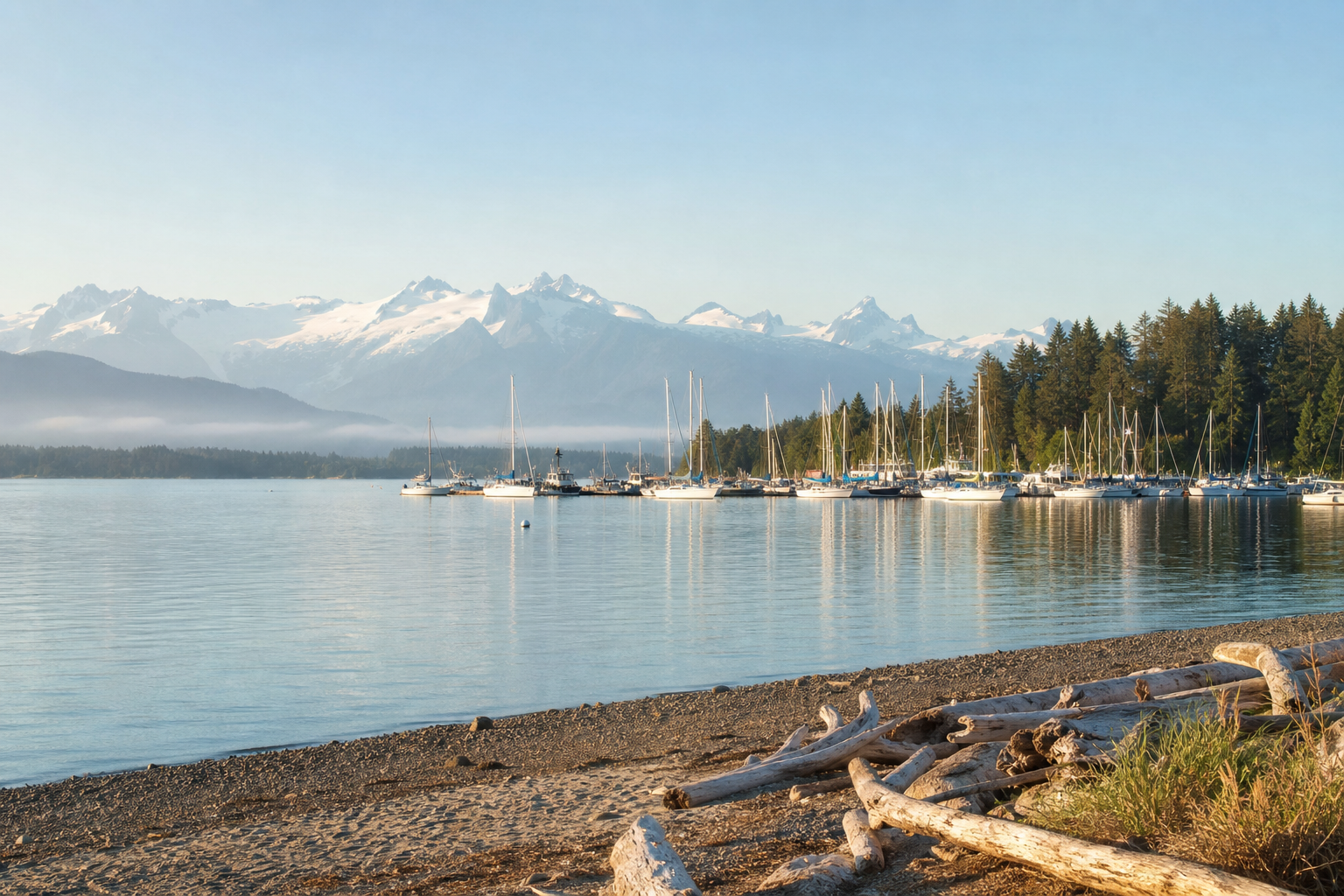 Comox marina with sailboats, driftwood beach, calm water, and distant glacier mountains